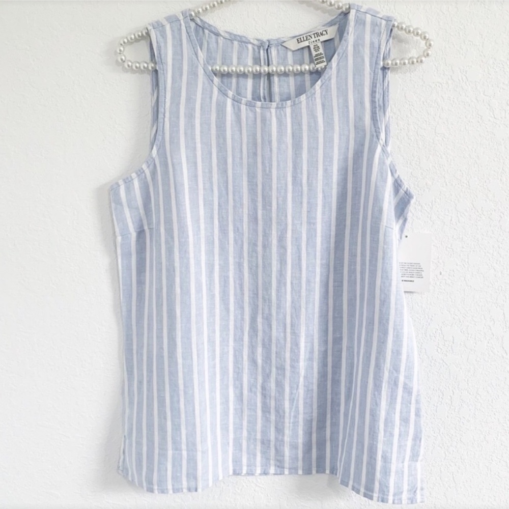 Ellen Tracy Linen Blue and White Tank Top with Vertical Stripes